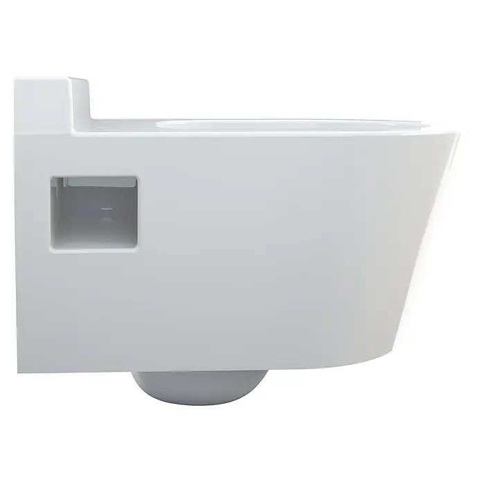 Camargue Empire Wand-WC 2.0 - Spülrandlos, Ohne Spezialglasur, Spülform: Tief, WC Abgang: Waagerecht, Weiß - Seitenansicht einer weißen, wandhängenden Toilette mit rechteckiger Form und verdecktem Spülkasten.