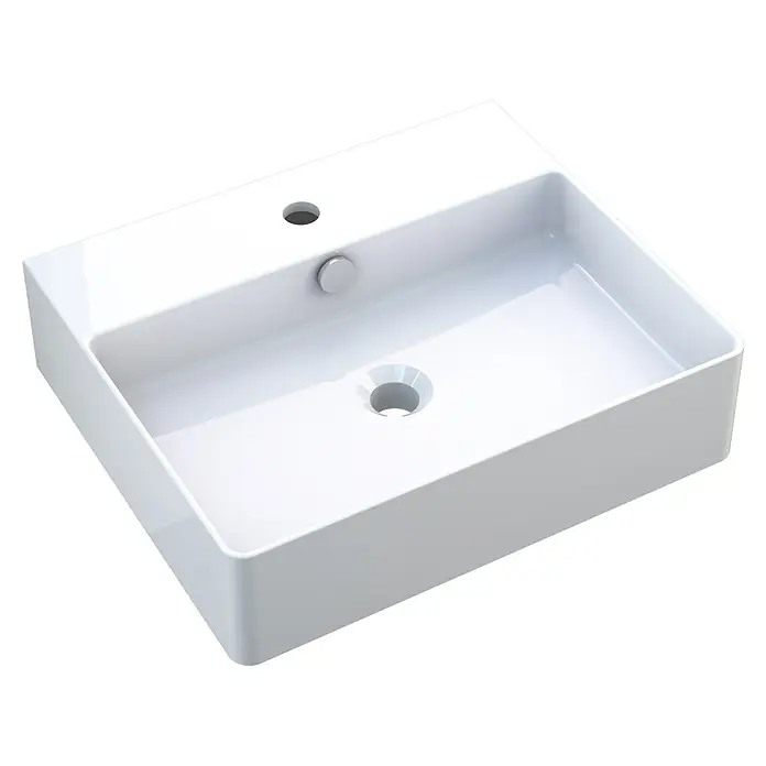 Camargue Paris Waschtisch 2.0 - B x L: 50,5 x 42,5 cm, Ohne Spezialglasur, Hahnloch: Mitte, Mit Überlauf, Weiß - Nahaufnahme eines modernen, rechteckigen, weißen Keramikwaschbeckens mit Überlauf und Hahnloch auf einem schwarzen Hintergrund.