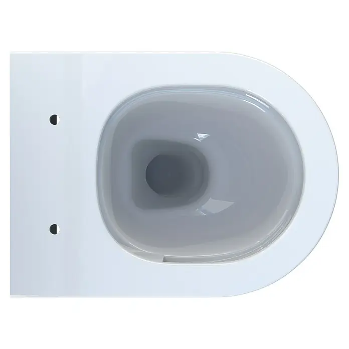 Camargue Pico Wand-WC 3.0 - Spülrandlos, Ohne Spezialglasur, Spülform: Tief, WC Abgang: Waagerecht, Weiß - Draufsicht auf eine weiße Toilette mit grauem Innenraum, die ein sauberes und modernes Design zeigt. Die glatte Oberfläche betont die Hygiene.