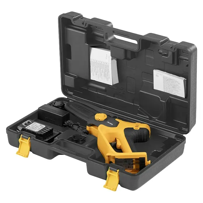 Stiga Akku-Astsäge PR 100e Kit - 20 V, 2 Ah, 1 Akku, Schwertlänge: 12,7 cm - Ein gelbes und schwarzes PR 100e Werkzeug mit Akku und Ladegerät in einem schwarzen Werkzeugkoffer, der offen ist.