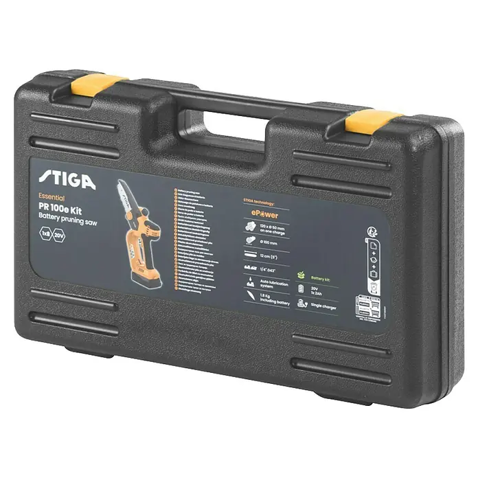 Stiga Akku-Astsäge PR 100e Kit - 20 V, 2 Ah, 1 Akku, Schwertlänge: 12,7 cm - Schwarzer Koffer mit gelben Verschlüssen, der die Stiga PR 100e Kit Akku-Baumsäge Essential enthält.