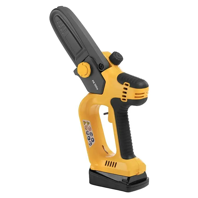 Stiga Akku-Astsäge PR 100e Kit - 20 V, 2 Ah, 1 Akku, Schwertlänge: 12,7 cm - Bild einer gelb-schwarzen Akku-Kettensäge, die ein nützliches Werkzeug für Gartenarbeiten und Baumschnitt darstellt.