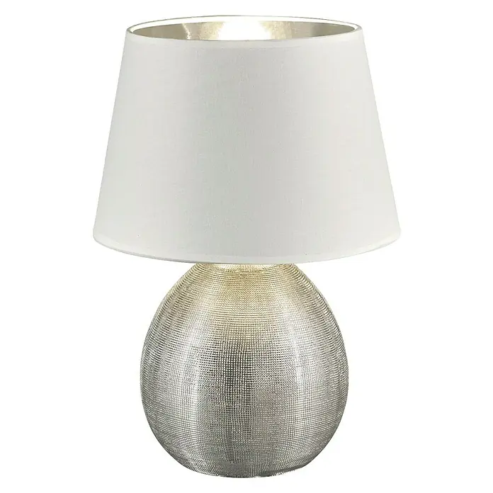Trio Lighting Lámpara de sobremesa redonda Luxor - 60 W, Ø x Al: 24 x 35 cm, Plata, E27 - Elegante lámpara de mesa con base plateada texturizada y pantalla blanca, que proporciona una iluminación cálida para cualquier habitación.