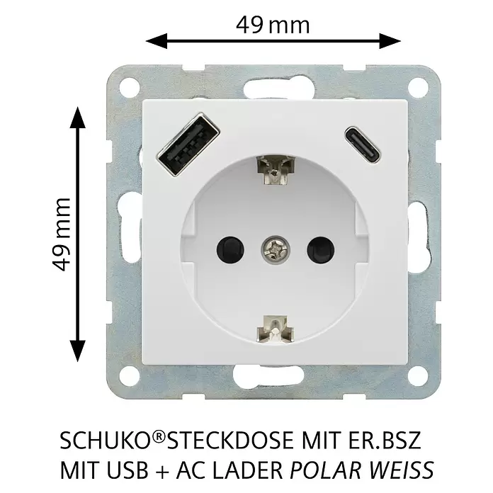 Siemens DELTA Viva USB-Steckdose USB A & USB C SIE044523 - Polar Weiß, Glänzend, Kunststoff, Unterputzmontage - Polarweiße Schuko-Steckdose mit USB-A- und USB-C-Ladeanschlüssen auf Metallrahmen.