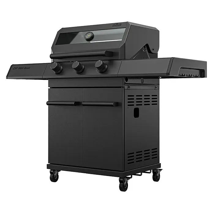 Kingstone KMS Gasgrill Cliff 3000 Beast Black Edition - Grillfläche (B x T): 61 x 45 cm, 10,5 kW, Anzahl Brenner: 3 Stk. - Schwarzer Grill mit praktischem Unterschrank und Rollen für den einfachen Transport. Ideal für Grillabende im Freien.