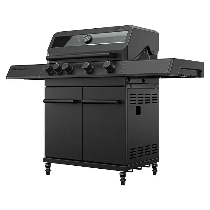 Kingstone KMS Gasgrill Cliff 4500 Beast Black Edition - Grillfläche (B x T): 72 x 45 cm, 14 kW, Anzahl Brenner: 4 Stk. - Schwarzer Grill mit vier Brennern, großem Garraum und praktischen Schränken für Zubehör.