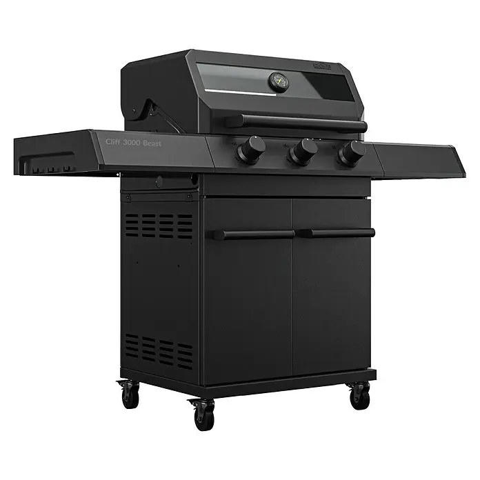 Kingstone KMS Gasgrill Cliff 3000 Beast Black Edition - Grillfläche (B x T): 61 x 45 cm, 10,5 kW, Anzahl Brenner: 3 Stk. - Schwarzer Grill mit drei Brennern und Ablageflächen. Der Grill steht auf Rollen und hat einen Schrank mit zwei Türen.