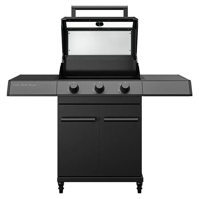 Kingstone KMS Gasgrill Cliff 3000 Beast Black Edition - Grillfläche (B x T): 61 x 45 cm, 10,5 kW, Anzahl Brenner: 3 Stk. - Schwarzer Cliff 3000 Beast Gasgrill mit geöffnetem Deckel, ideal für Grillabende im Freien.