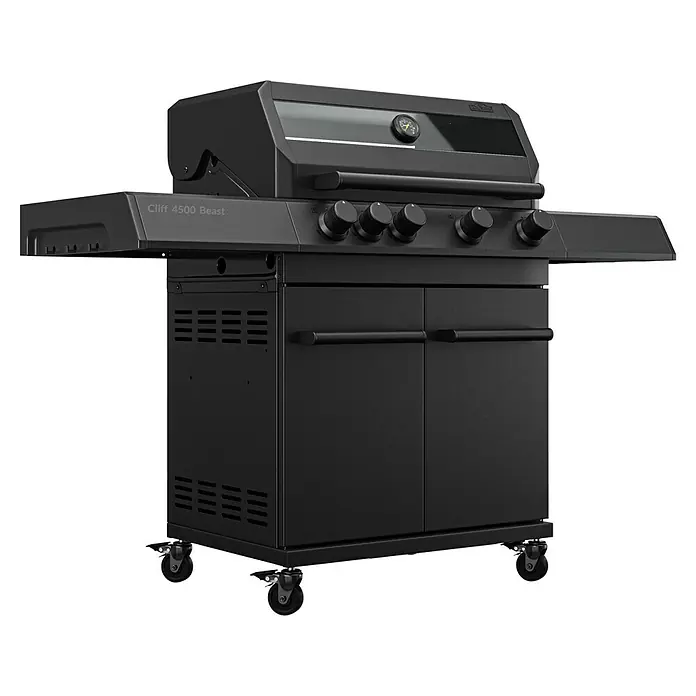 Kingstone KMS Gasgrill Cliff 4500 Beast Black Edition - Grillfläche (B x T): 72 x 45 cm, 14 kW, Anzahl Brenner: 4 Stk. - Schwarzer "Cliff 4500 Beast" Grill mit Ablagen und Schrankfächern auf Rollen für den flexiblen Einsatz im Garten oder auf der Terrasse.