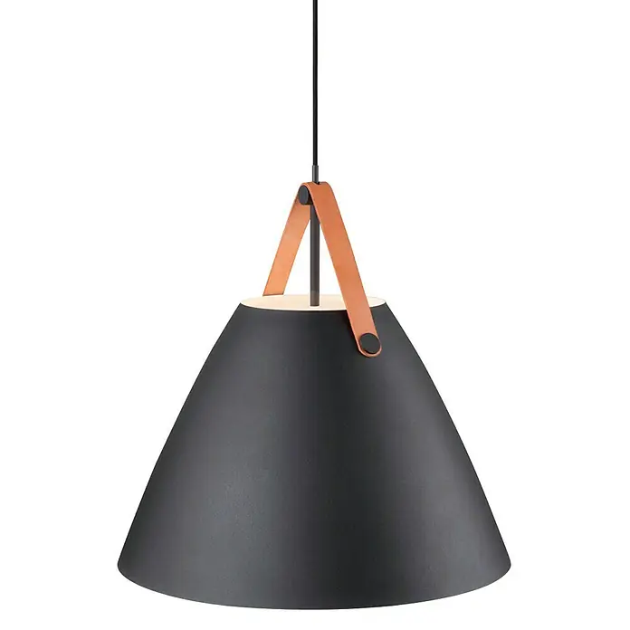 Nordlux Strap Lámpara colgante redonda - 60 W, Ø x Al: 48 x 48 cm, Negro, E27 - Elegante lámpara colgante con pantalla negra y correas de cuero decorativas para un toque moderno.