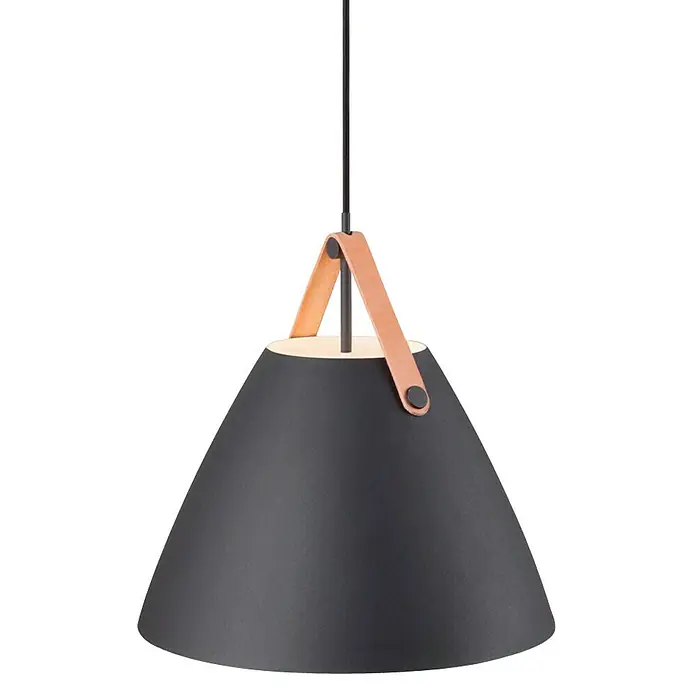 Nordlux Strap Lámpara colgante redonda - 60 W, Ø x Al: 36 x 37 cm, Negro, E27 - Una lámpara colgante negra moderna con una correa de cuero marrón claro, que proporciona un contraste elegante y destaca el diseño.