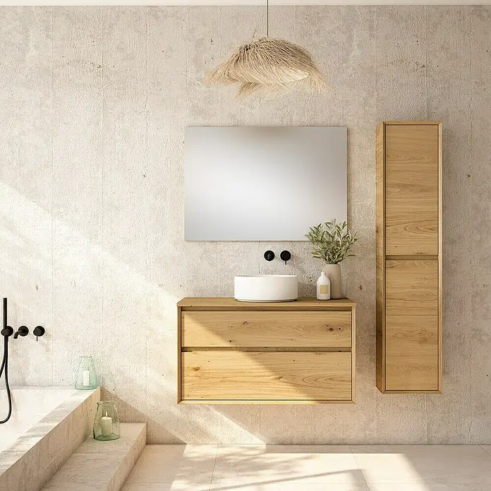 Armario colgante de baño de baño Inglet - L x An x Al: 25 x 35 x 160 cm, Roble garriga - Elegante interior de baño con tocador de madera clara, lavabo redondo y armario alto.