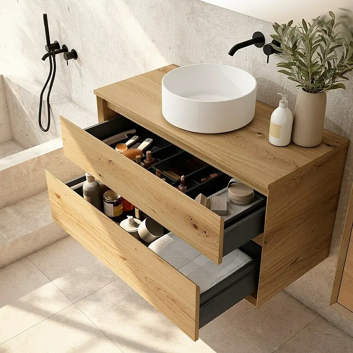 Conjunto de mueble de baño Inglet - Ancho: 120 cm, Roble garriga, Número de cajones: 2 ud., 3 pzs. - Tocador de madera moderno con cajones abiertos y lavabo sobre encimera. Productos cosméticos y toallas bien guardados.