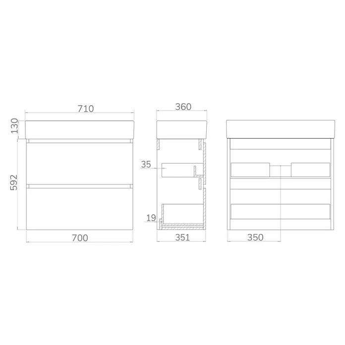 Conjunto de mueble de baño Osaka Slim - 70 cm, Negro/Nogal, 2 pzs. - Dibujo técnico de un mueble bajo lavabo con dimensiones. Ideal para la planificación de baños y el diseño de muebles.