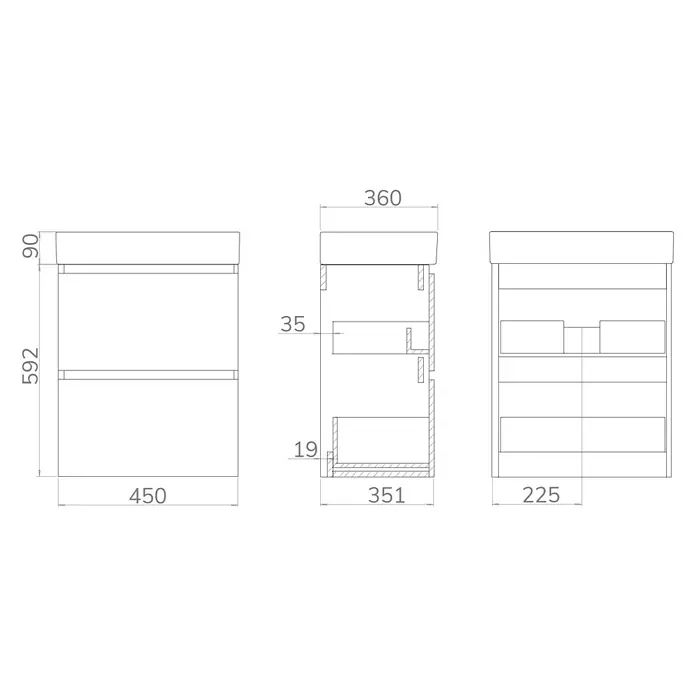 Conjunto de mueble de baño Osaka Slim - 45 cm, Negro/Nogal, 2 pzs. - Esquema de un mueble de lavabo con dimensiones. La ilustración incluye vistas frontales y laterales del mueble.