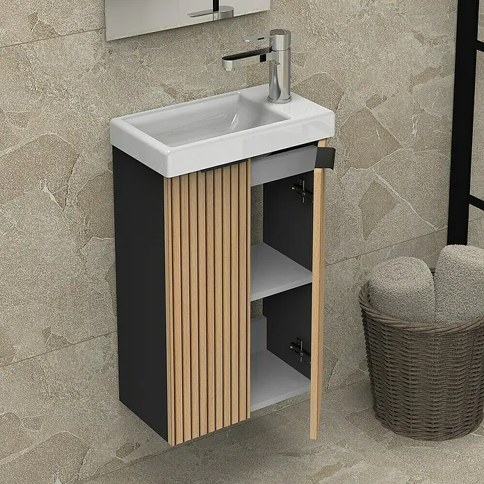 Artysan Conjunto de mueble de baño Osaka 2P - Ancho total del mueble de baño: 40 cm, Negro/Nogal, Mate - Imagen de un baño con un mueble de lavabo negro y con aspecto de madera que ofrece espacio de almacenamiento.