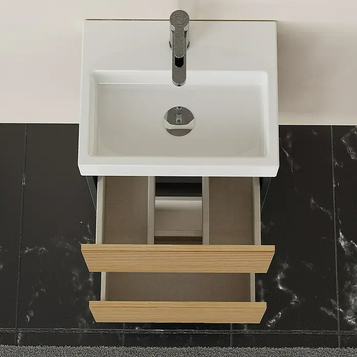 Conjunto de mueble de baño Osaka Slim - 45 cm, Negro/Nogal, 2 pzs. - Lavabo con mueble bajo abierto y frontal de madera. El diseño moderno se integra bien en cualquier baño.