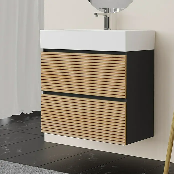Conjunto de mueble de baño Osaka Slim - 70 cm, Negro/Nogal, 2 pzs. - Baño moderno con mueble de lavabo con cajones de aspecto de madera y un armario negro. El diseño es elegante.
