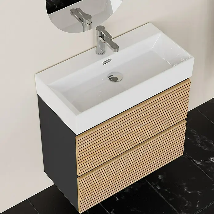 Conjunto de mueble de baño Osaka Slim - 70 cm, Negro/Nogal, 2 pzs. - Mueble de baño con dos cajones de aspecto madera y lavabo sobre encimera. Un diseño moderno que realza el espacio del baño.