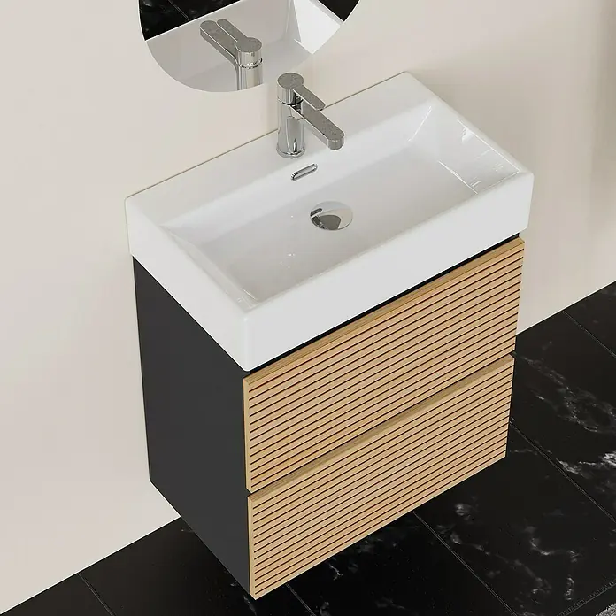 Conjunto de mueble de baño Osaka Slim - 60 cm, Negro/Nogal, 2 pzs. - Mueble de baño moderno con lavabo, mueble antracita y frente de listones de madera para baños elegantes.