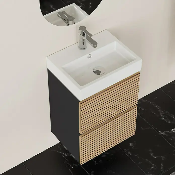 Conjunto de mueble de baño Osaka Slim - 45 cm, Negro/Nogal, 2 pzs. - Lavabo de baño moderno con un elegante mueble con aspecto de madera y cuerpo negro. Un diseño elegante para tu baño.