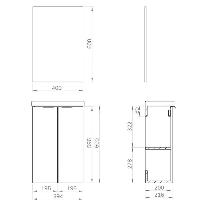 Artysan Conjunto de mueble de baño Osaka 2P - Ancho total del mueble de baño: 40 cm, Negro/Nogal, Mate - Ilustración de un mueble de lavabo con diferentes vistas y dimensiones. El gabinete tiene un diseño simple y moderno.