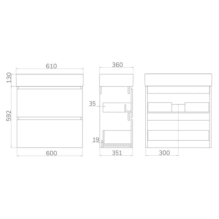 Conjunto de mueble de baño Osaka Slim - 60 cm, Negro/Nogal, 2 pzs. - Un dibujo técnico detallado de un moderno mueble de baño con dimensiones y detalles técnicos para una planificación precisa.