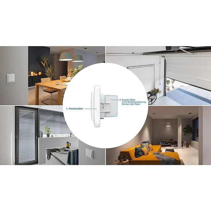 Bosch Schalter für smarte Aktoren - Weiß, Unterputz, Innen, 1 Stk. - Das Bild zeigt einen Wandschalter und einen smarten Aktor zur Licht- und Rollladensteuerung, Dimmer oder Relais.
