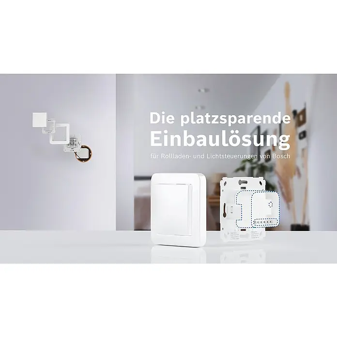 Bosch Schalter für smarte Aktoren - Weiß, Unterputz, Innen, 1 Stk. - Produktdarstellung der platzsparenden Einbaulösung von Bosch für Rolladen- und Lichtsteuerungen.