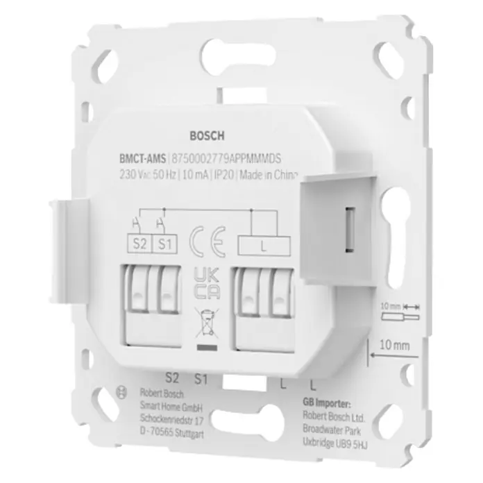 Bosch Schalter für smarte Aktoren - Weiß, Unterputz, Innen, 1 Stk. - Nahaufnahme des Bosch BMCT-AMS Smart Home Geräts, das Details wie Modellnummer, Spannung, Stromstärke und Herstellungsort zeigt.