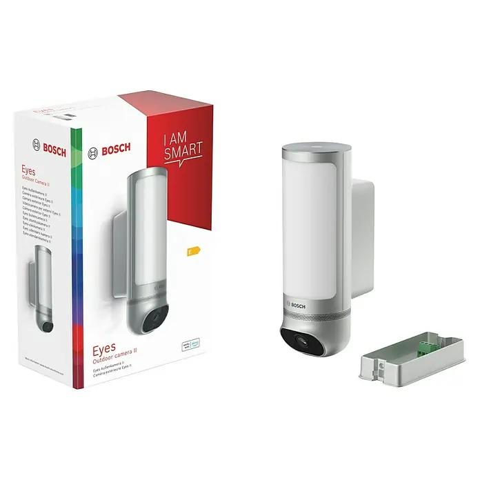 Bosch Smart Home Cámara de vigilancia Eyes II - Plata - Imagen del producto de la Bosch Eyes Outdoor Camera II, una cámara inteligente para exteriores con iluminación integrada.