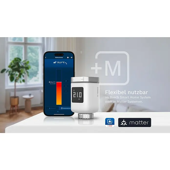 Bosch Smart Home Heizkörper-Thermostat II [+M] Matter - M30 x 1,5 mm - Intelligenter Heizkörperthermostat von Bosch mit App-Steuerung für ein optimales Raumklima im Smart Home oder Matter System.