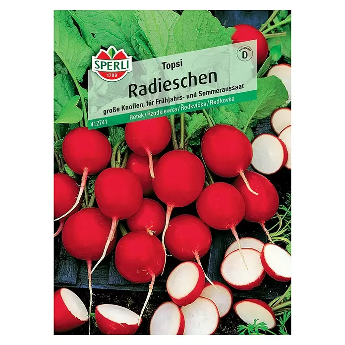 Sperli Radieschen Topsi - Raphanus sativus, Erntezeit: Mai - SPERLI Radieschen-Samenpackung 'Topsi' mit roten, runden Radieschen, teils geschnitten, für Frühjahrs- und Sommeraussaat.