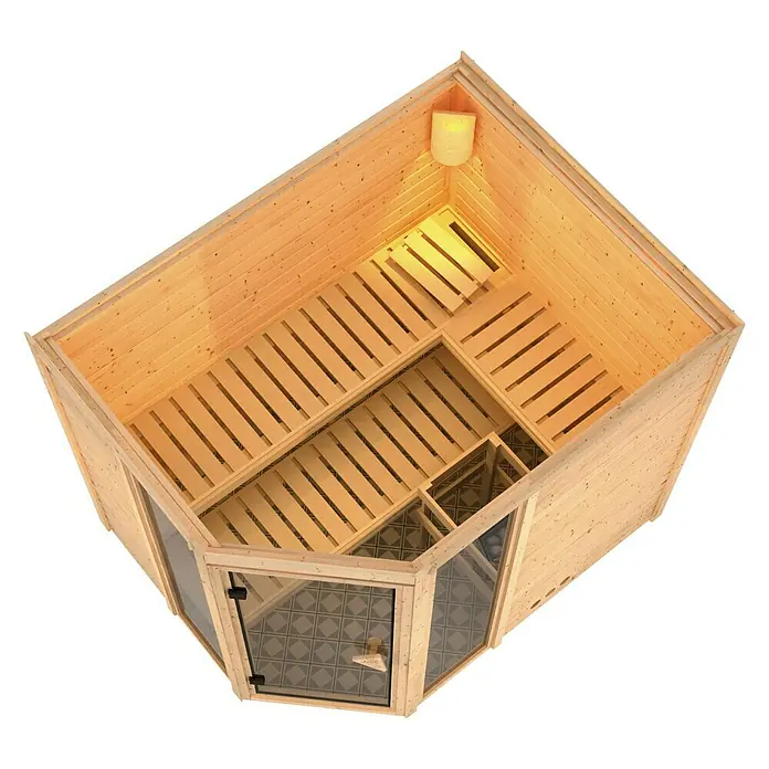 Karibu Massivholzsauna Sinai 3 - Mit 9 kW Bio-Ofen mit externer Steuerung, Ohne Dachkranz, L x B x H: 236 x 184 x 200 cm - Draufsicht auf eine Sauna mit Holzverkleidung, Bänken und Glastür.