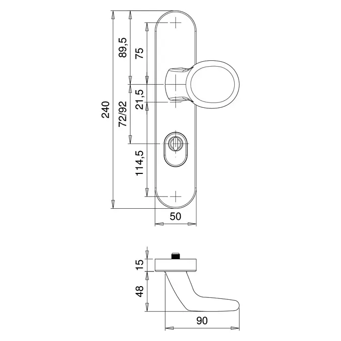 Schutzbeschlag - Hauseingangstür, Aluminium, Profilzylinder PZ, Farbe: Edelstahl - Technische Zeichnung einer Türgriffgarnitur mit Maßangaben, die die Abmessungen und Details des Designs hervorheben.