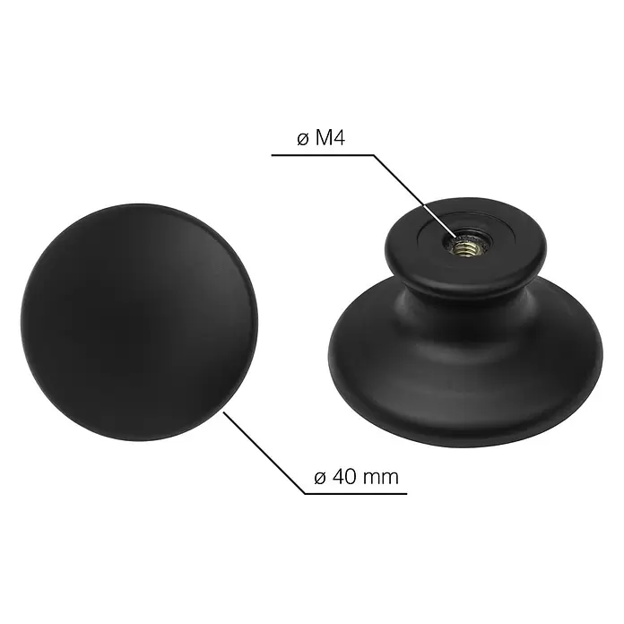 Walteco Möbelknopf Seol - Durchmesser: 40 mm, Kunststoff, Schwarz matt - Schwarzer runder Möbelknopf. Durchmesser 40mm, M4 Montagegewinde.