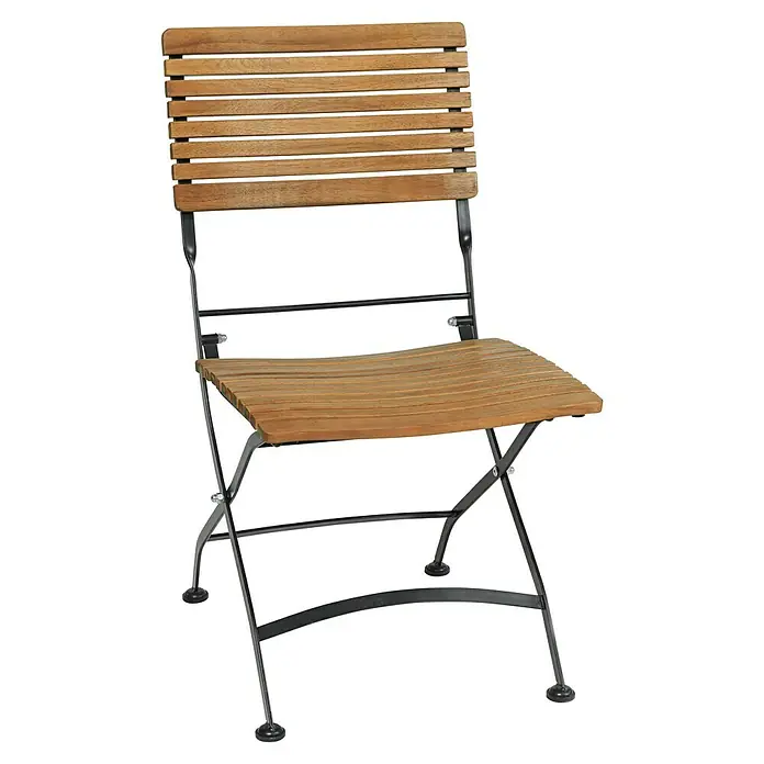 Balkonmöbel-Set Diana/Moni - 3 -tlg., Akazie/Stahl, Naturbraun/Schwarz - Dieser Klappstuhl aus Holz und Metall ist ideal für den Garten oder Balkon. Er ist leicht zu verstauen und bietet bequemen Sitzkomfort.
