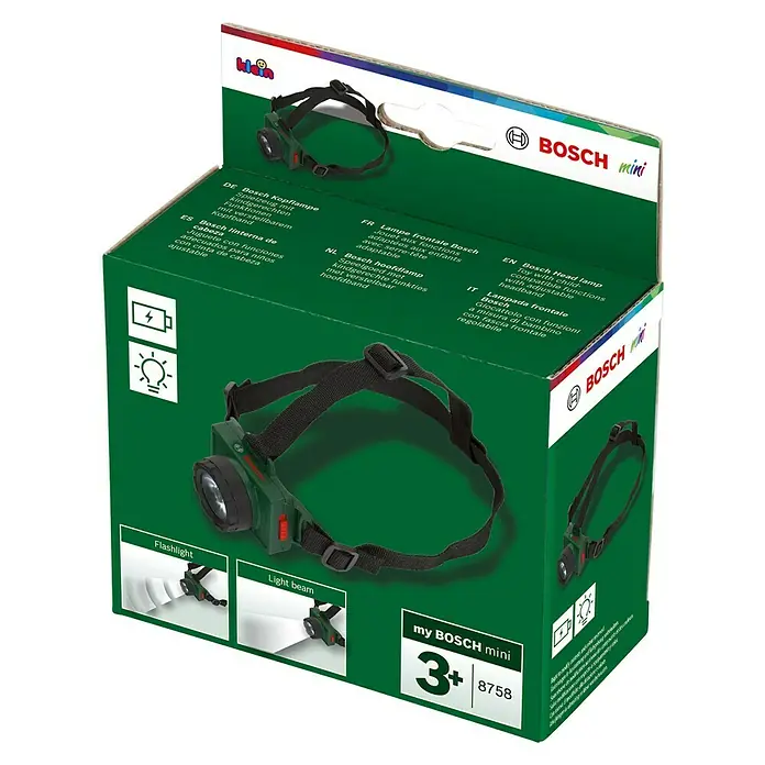 Klein Kinder-Kopflampe Bosch - Anzahl benötigte Batterien: 2 Stk. - Verpackung der Bosch Mini Stirnlampe, ein Spielzeug mit kindgerechten Funktionen und verstellbarem Kopfband.
