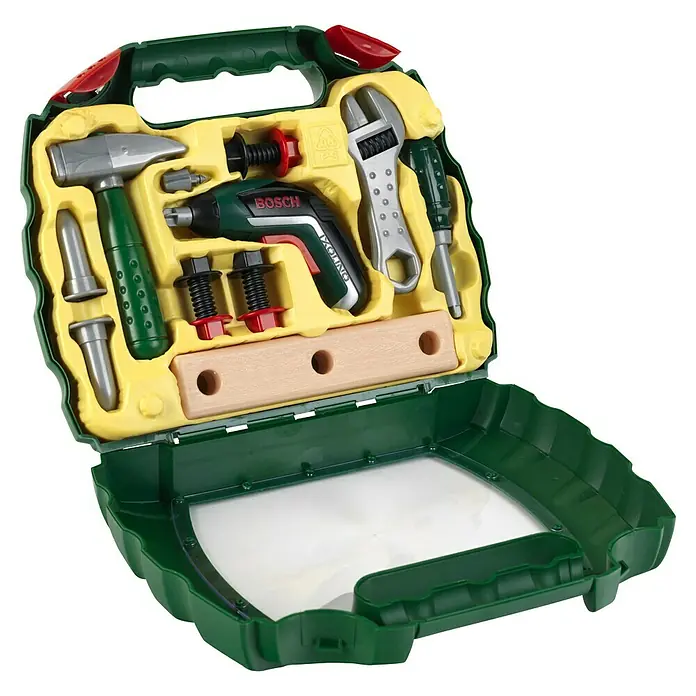 Klein Bosch Kinder-Werkzeugkasten Ixolino - Licht- & Toneffekte - Ein grüner Werkzeugkoffer mit gelbem Einsatz und Spielzeugwerkzeugen wie Hammer, Schraubenschlüssel und Schraubendreher.
