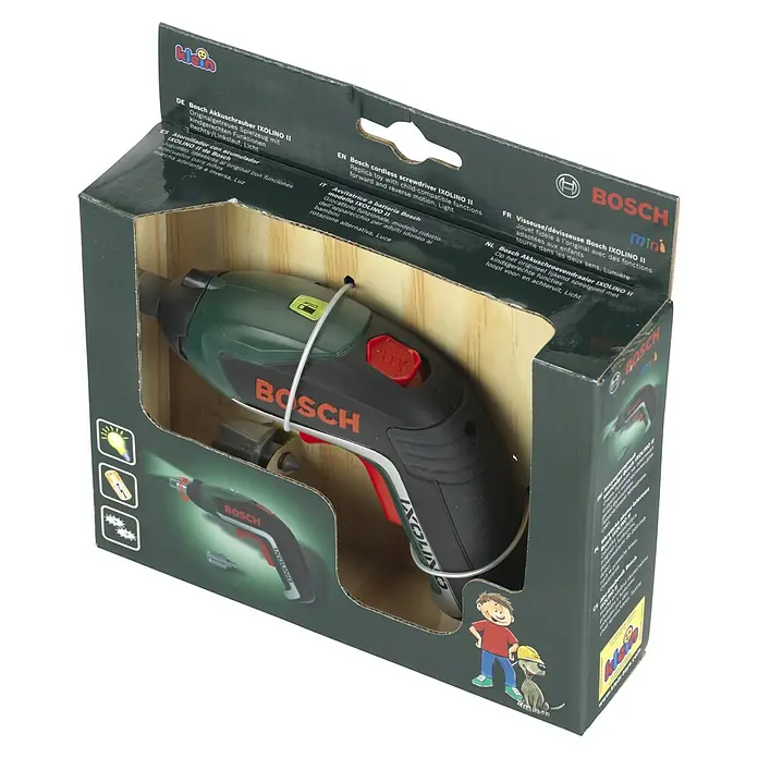 Klein Bosch Kinder-Akkuschrauber Ixolino - Toneffekt - Bosch IXOLINO II Akku-Schrauber Spielzeug mit kindgerechten Funktionen, originalgetreues Design mit Rechts-/Linkslauf und Licht für Kinder.