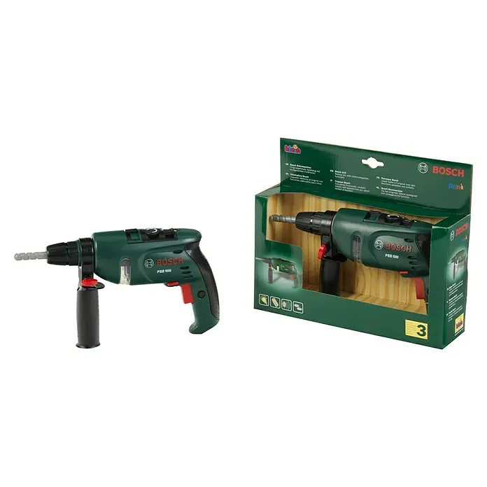 Klein Bosch Kinder-Bohrmaschine - Licht- & Toneffekte - Abbildung einer Bosch Mini Bohrmaschine als Spielzeug mit Verpackung, ein tolles Spielzeug für kleine Handwerker.