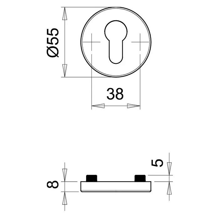 Sicherheitsrosette PZ 12mm - Edelstahl - Technische Zeichnung eines Türschlosses mit Maßangaben für Durchmesser (55mm) und andere wichtige Abmessungen.