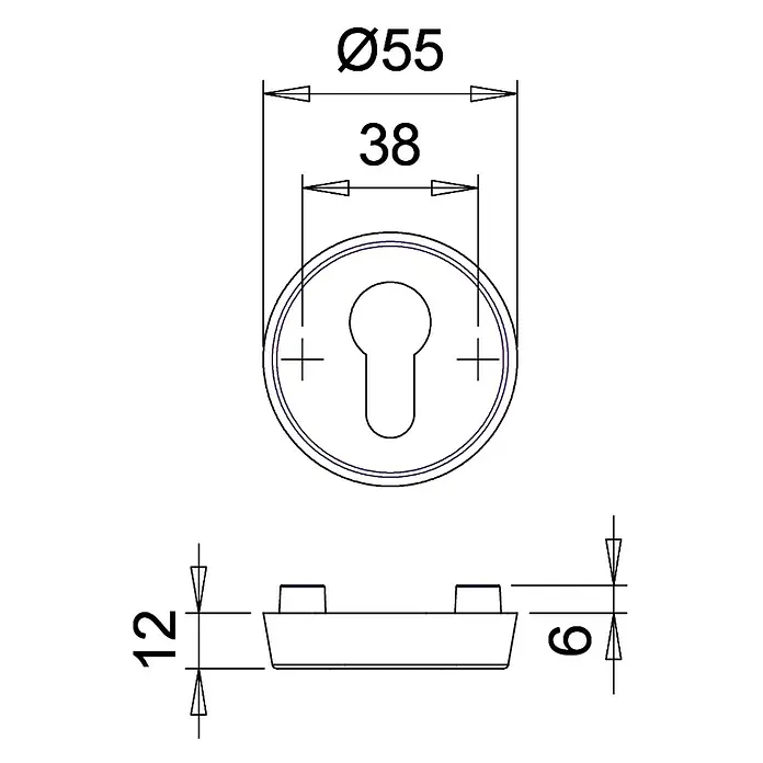 Sicherheitsrosette PZ 12mm - Edelstahl - Technische Zeichnung einer Rosette mit den Maßen Ø55, 38 und einer Höhe von 12 und 6.