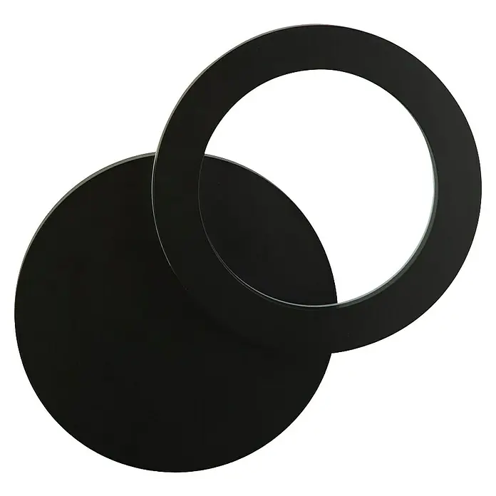 Searchlight LED-Außenwandleuchte Hyde - 6 W, 8 x 8 x 30 cm, IP65 - Abbildung von zwei ineinandergreifenden schwarzen Kreisen auf einem schwarzen Hintergrund. Ein moderner und minimalistischer Blickfang.