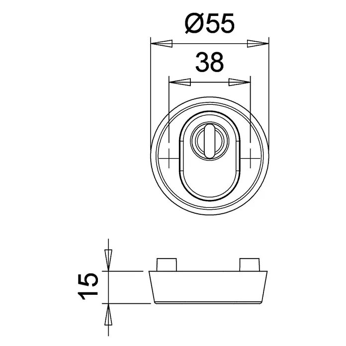 Sicherheitsrosette ZA 15mm - Edelstahl - Technische Zeichnung eines Türbeschlags mit den Maßen Durchmesser 55 mm, 38 mm Breite und 15 mm Höhe.