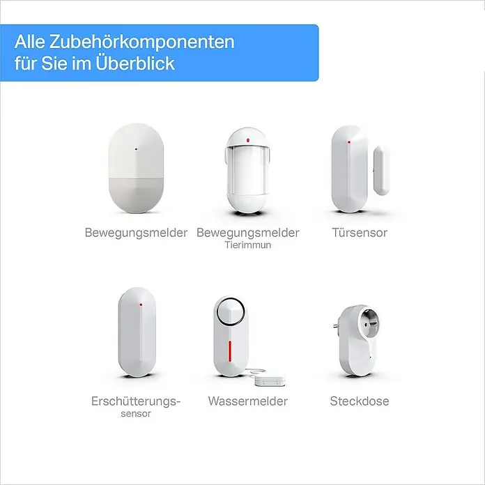 Safe2Home Alarmanlagen-Set Profi Serie SP310 - 17 -tlg., L x B x H: 195 x 136 x 31 mm - Die Abbildung zeigt Zubehörkomponenten: Bewegungsmelder, Türsensor, Erschütterungssensor, Wasserstandsmelder und Steckdose.