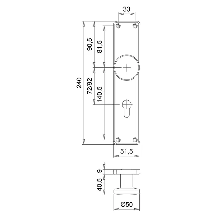 Portaferm Knopflangschild HT - Vierkantstift: 10 mm, Distanznorm: 92 mm, Aluminium - Technische Zeichnung eines Türbeschlags mit Maßangaben für Montage und Design, inklusive Griffdetails und Abmessungen.