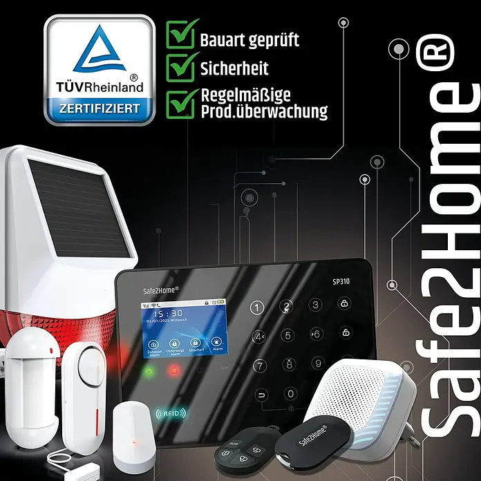Safe2Home Alarmanlagen-Set Profi Serie SP310 - 17 -tlg., L x B x H: 195 x 136 x 31 mm - Produktbild der Safe2Home Alarmanlage mit Solar-Außensirene, Sensoren, Bedienfeld und Fernbedienungen für umfassende Sicherheit.
