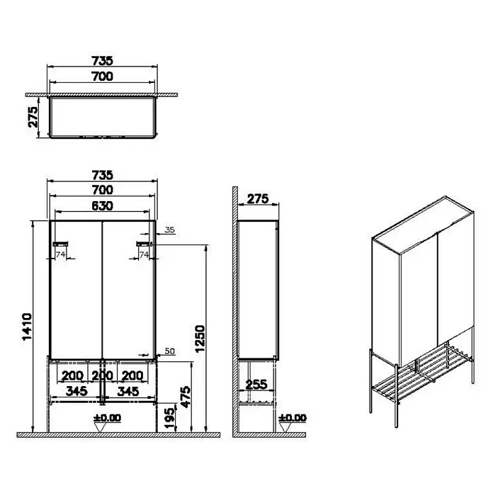 VitrA Equal Hochschrank - B x T x H: 73,5 x 27,5 x 141 cm, Schwarz-Eiche - Technischer Plan eines Doppeltürschranks mit unterem Schuhregal und Maßen.