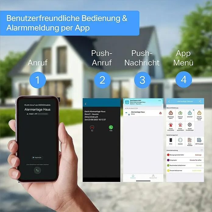 Safe2Home Alarmanlagen-Set Profi Serie SP310 - 17 -tlg., L x B x H: 195 x 136 x 31 mm - Screenshots der Alarmanlagen-App mit verschiedenen Funktionen, um das Haus zu sichern und Benachrichtigungen zu erhalten.